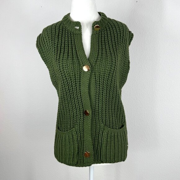 Vici Sweet Gather Knit Sweater Vest Sleeveless Green S Gold Buttons Chunky - Picture 1 of 9